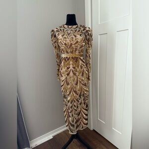 Mac Duggal Gold and Bronze Long Sleeve Dress